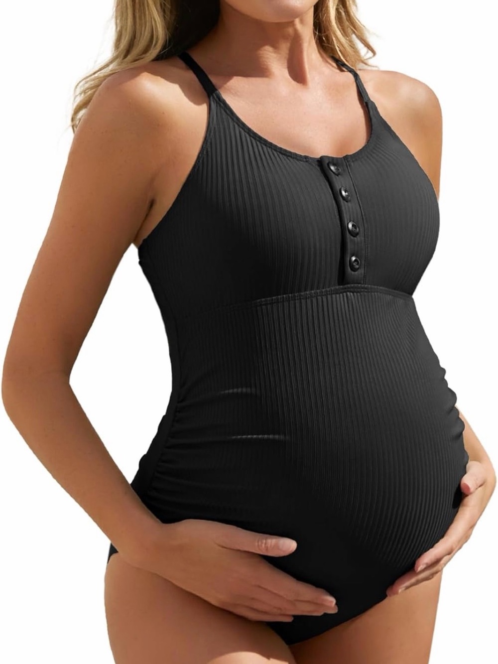 Ribbed Black Maternity One-Piece Swimsuit with Button Front